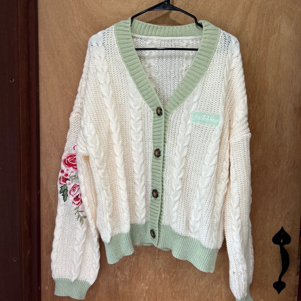 Taylor Swift Cream Cable Knit Cardigan with Sage Trim and Pink Rose Embroidery